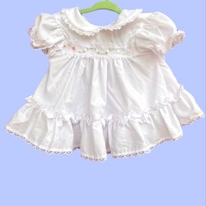 VINTAGE BABY GIRLS WHITE LACED FLOWER COTTON BRIGHT FUTURE  DRESS SIZE 3/6 MONTH